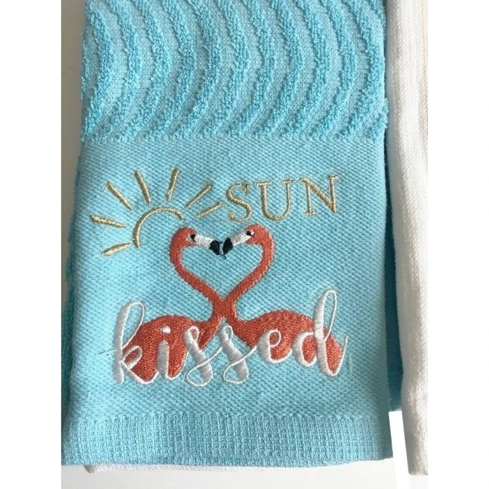 Flamingo Kitchen Dish Towels Set of 2 Aqua Embroidered Sun Kissed Beach Summer